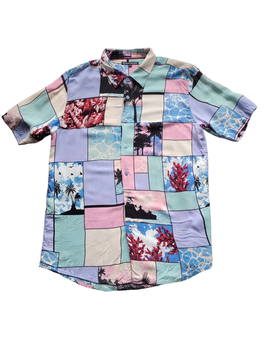 Body Glove Pastel Patchwork Short Sleeve Button-Down Shirt Patchwork Surf Y2K